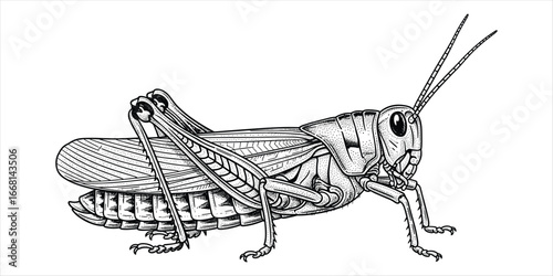 Detailed Black and White Illustration of a Grasshopper insect arthropod