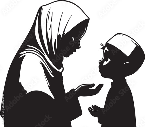 Muslim mother and son vector illustration: hijab, islamic culture, family eps silhouette