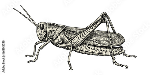Detailed engraving illustration of a grasshopper on a white background insect entomology
