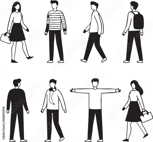 Vector people illustration: diverse poses, walking figures, black and white graphics eps silhouette