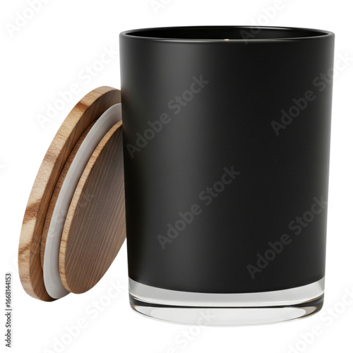 Black candle jar with wooden lid isolated on transparent background