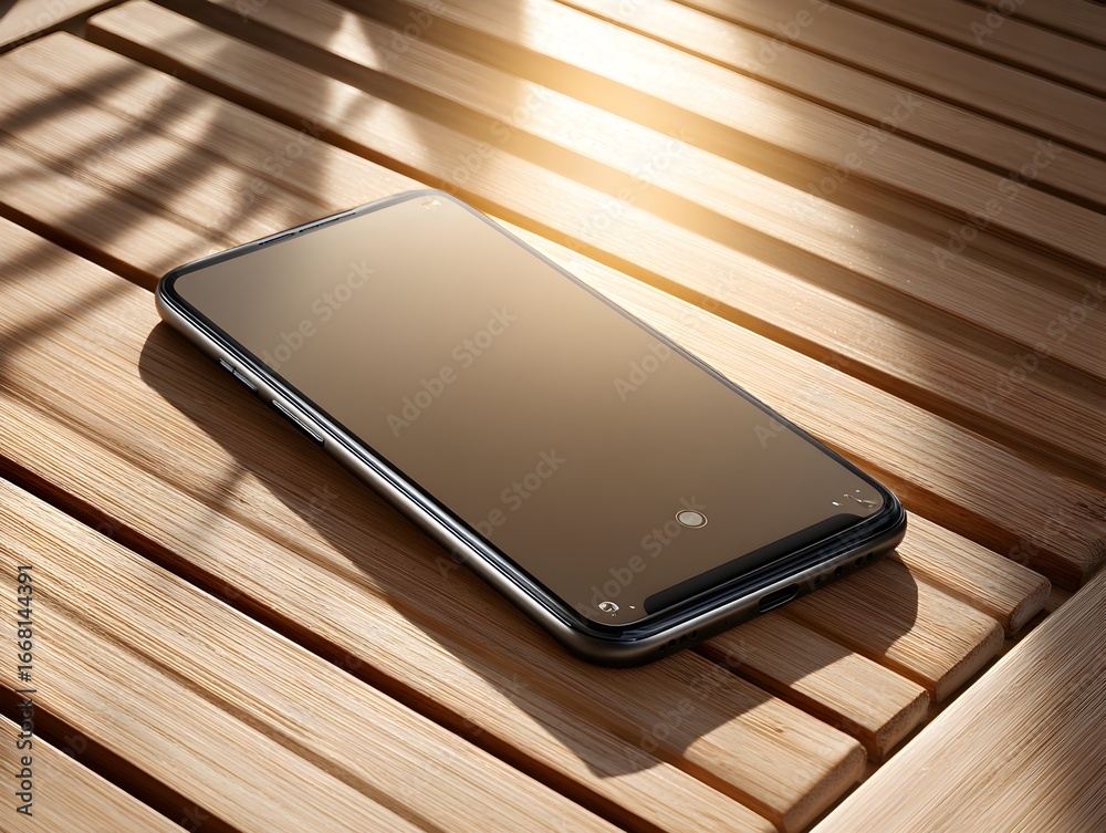 A modern smartphone sits on a wooden table surface with sunlight creating beautiful shadows and reflections. A modern smartphone sits on a wooden table surface with sunlight creating beautiful shadows and reflections.