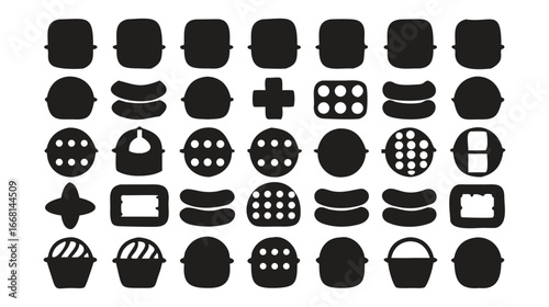 Diverse set of silhouetted icons representing various objects and shapes for graphic design projects and ui elements