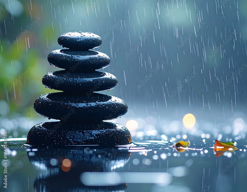 Obraz premium Rain-Soaked Zen Stones, Peaceful Pond Setting