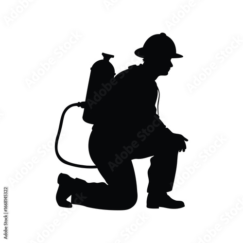 Silhouette of firefighter kneeling with oxygen tank on back ready for action, firefighter kneeling with oxygen mask illustration silhouette