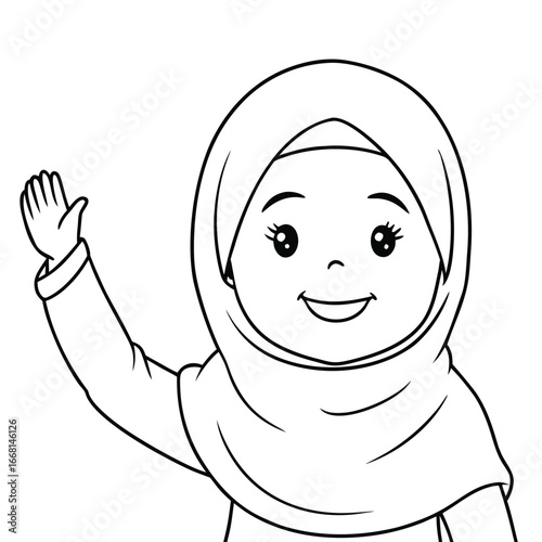 Cheerful young girl in a hijab waving hello, set against a simple white background, ideal for educational materials