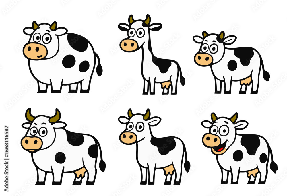 Obraz premium Vector illustration of funny cartoon cow with cute expressions and poses. Black and white dairy cow characters with simple comic style. Perfect for children’s books, farm animal education, mascot