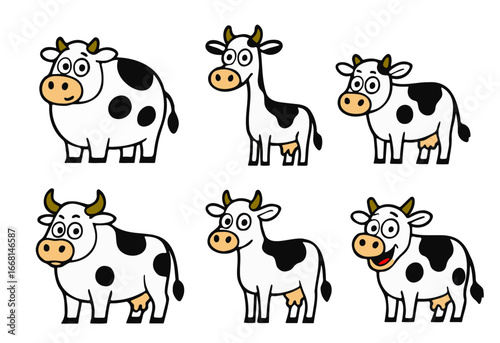 Vector illustration of funny cartoon cow with cute expressions and poses. Black and white dairy cow characters with simple comic style. Perfect for children’s books, farm animal education, mascot