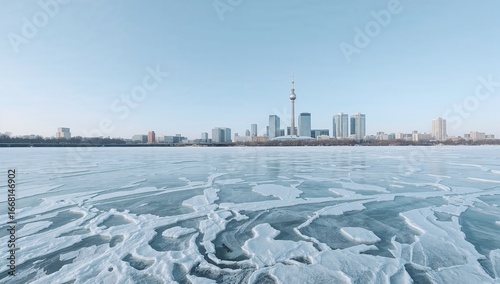 Frozen Lake with City Skyline in Winter