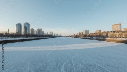 Frozen Lake with City Skyline in Winter