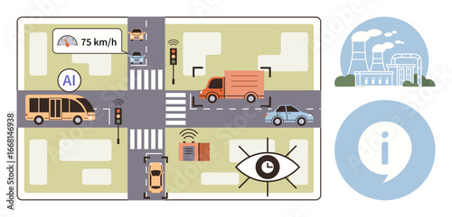 Autonomous cars, buses, and trucks on monitored roads with sensors, AI speed control, and data hubs. Ideal for technology, automation, AI innovation, transport smart cities communication future