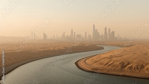 Desert City Skyline with River at Sunset