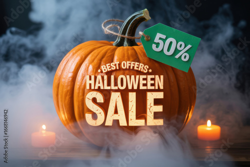 Best Offers Halloween Sale with 50 Percent Discount on Pumpkin with Low Feedback and Candles in Foggy Background for Seasonal Promotions