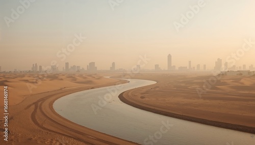 Desert City Skyline with River at Sunset