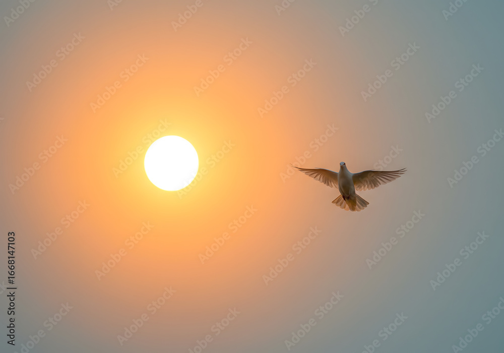 Fototapeta premium Dove flies in the sky at sunset peace and freedom concept