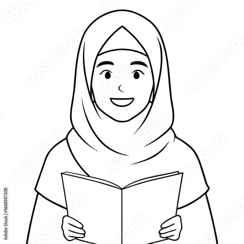 Smiling girl in a hijab reading a book, showcasing joy and curiosity in a cozy setting