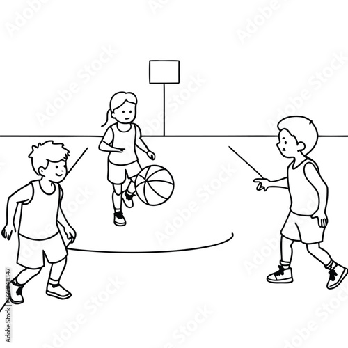 Children playing basketball on a court, with a scoreboard in the background and an active game