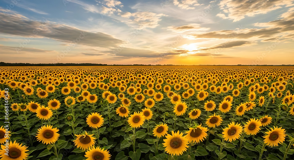 Obraz premium Expansive sunflower field under a sky with clouds and a setting sun casting a warm glow over the landscape ai generated