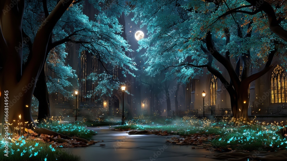 Naklejka premium A Spooky Halloween Night on a Leafy Street Under a Glowing Teal Moon