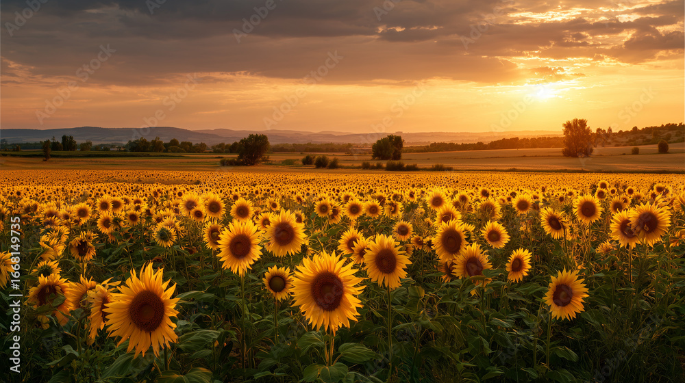Fototapeta premium A golden field of sunflowers in full bloom, stretching across the landscape and glowing warmly under a breathtaking sunset sky with soft clouds. 