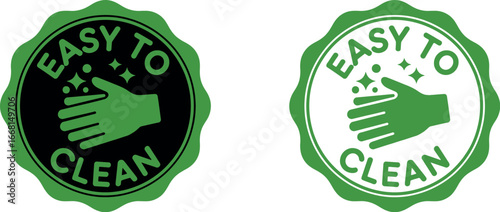 Simple green badge indicating easy to clean surfaces with sparkling effect