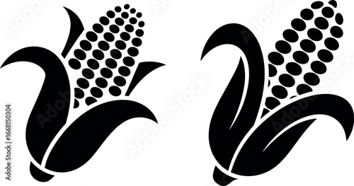 Two stylized black and white corn cobs with husks