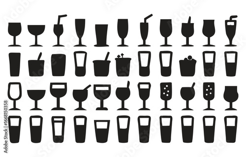 Collection of diverse drinkware silhouettes celebrating beverage variety including cocktails wine glasses and tall drinks perfect for menus or event decor