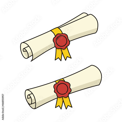Two rolled up certificates with red wax seals and yellow ribbons