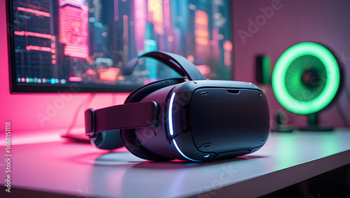 Cyberpunk VR Headset on Modern Gaming Desk with Neon Lights