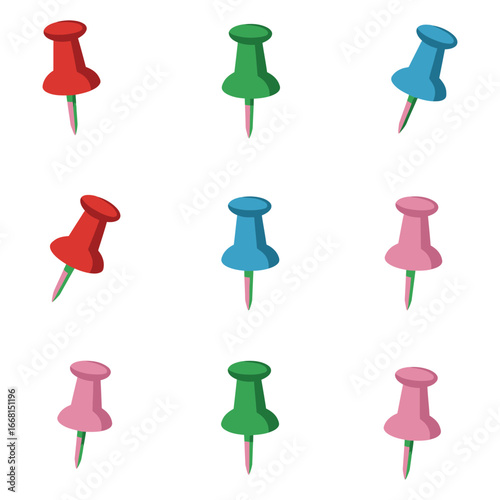 Colorful push pins in various shades on a white background