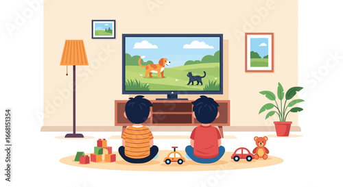 Children Watching TV with Dog and Cat on Screen in Living Room