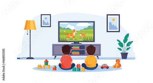 Children Watching TV with Dog and Cat on Screen in Living Room