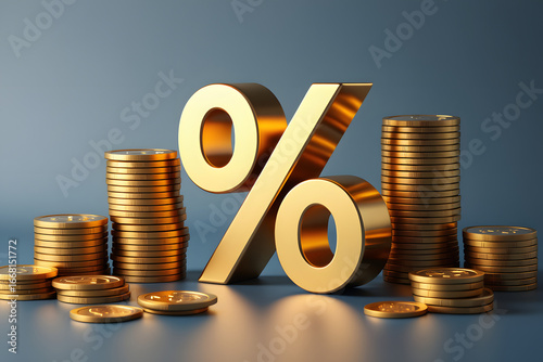 Golden Percentage Symbol with Stacks of Coins:  Financial Growth, Interest Rates, Investment Concept.