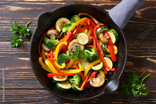 Overhead Shot of Sautéed Bell Peppers, Zucchini, Broccoli, and Mushrooms in Cast Iron Skillet; Rustic Wooden Background; Healthy Eating Concept