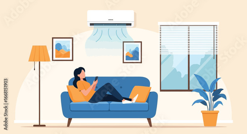 Woman Relaxing on Couch with Air Conditioner Running