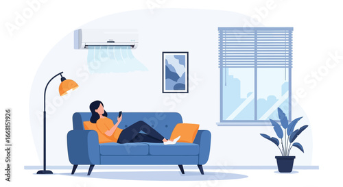 Woman Relaxing on Couch with Air Conditioner Running