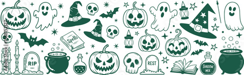 A playful Halloween illustration featuring pumpkins, ghosts, skulls, witches, cauldrons, spellbooks, candles, bats, stars, tombstones and magical motifs in a teal-on-black pattern.