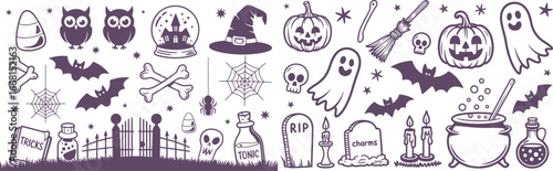 Detailed Halloween night scene packed with pumpkins, ghosts, bats, witches, skulls, cauldrons, potions, candles, spiders, webs, bones, tombstones, broomsticks, and graveyard whimsy