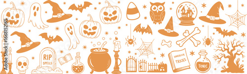 Halloween decorative border with pumpkins, bats, witches hats, friendly ghosts, skulls, tombstones, cauldrons, spellbooks, wands, lanterns, spiders and webs against a dark night.