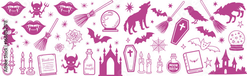 Vibrant pink Halloween silhouette collage featuring witches, broomsticks, cats, bats, coffins, haunted castle, goblins, candles, cobwebs, moons, skulls, spells and symbols