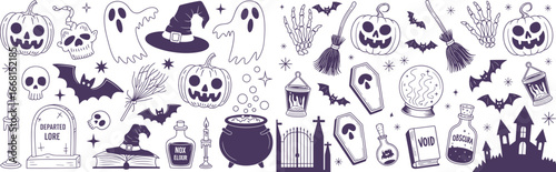 Decorative Halloween iconography pattern with pumpkins, jackolanterns, ghosts, witches, bats, cauldrons, broomsticks, skulls and tombstones across a moonlit, spooky landscape