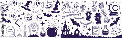 Intricate Halloween silhouette pattern featuring pumpkins ghosts bats witches coffins cauldrons gravestones castles skulls and moonlit decorations on a dark purple background