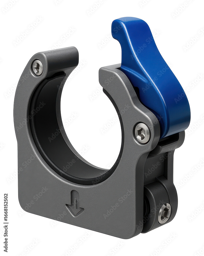 Obraz premium PVC pipe clip with a quick-release mechanism for maintenance access in water filtration systems.