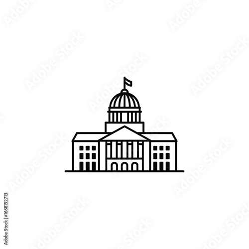 A line drawing of a government building with a dome and flag