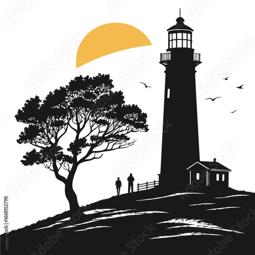 Ancient lighthouse at sunset silhouette