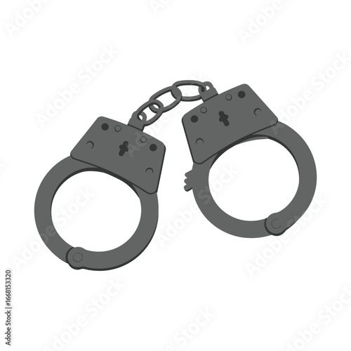 A pair of dark gray metal handcuffs on a white background