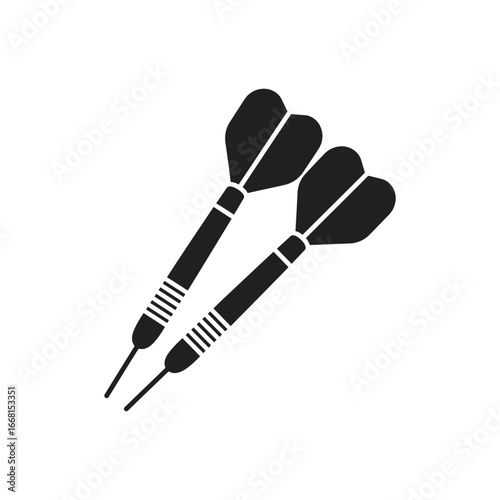 Two black darts with pointed tips and fletched tails on white background