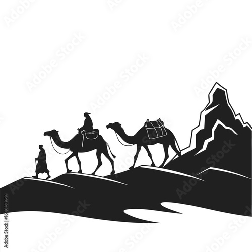 Camel caravan crossing rocky desert silhouette