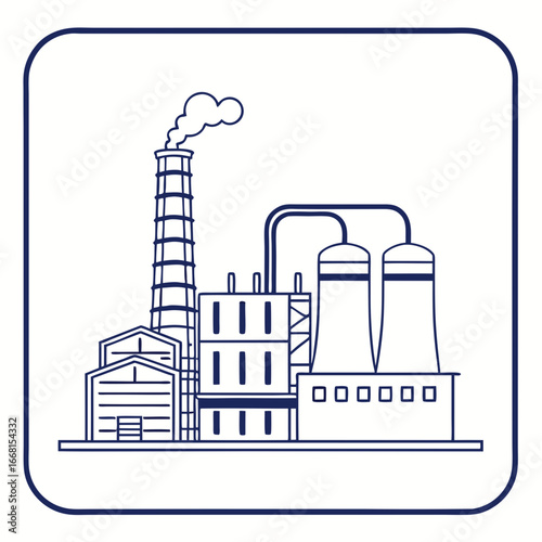 Industrial factory with smokestack and cooling towers outline design  