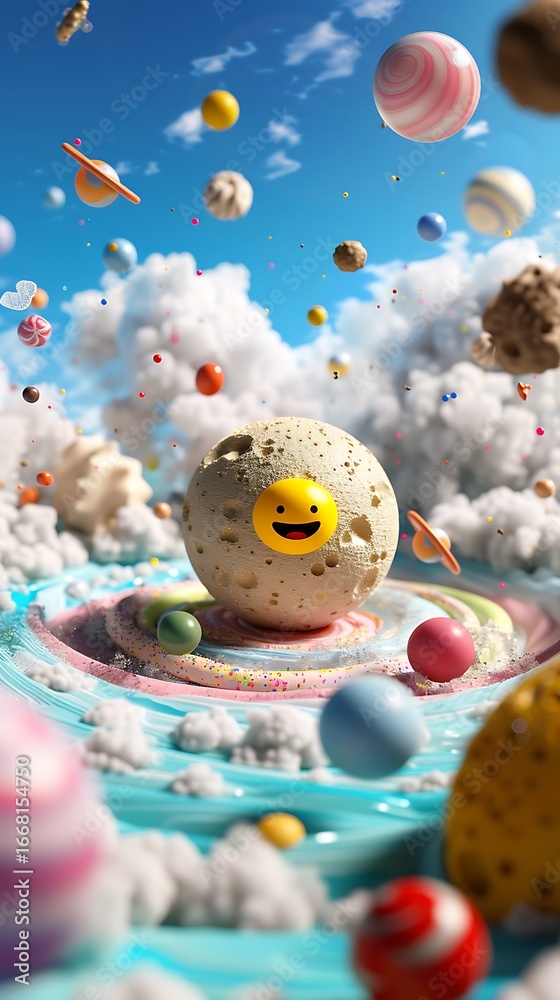 Obraz premium Whimsical fantasy scene of smiling emoji planet surrounded by colorful candy-like spheres floating in surreal cosmic sky